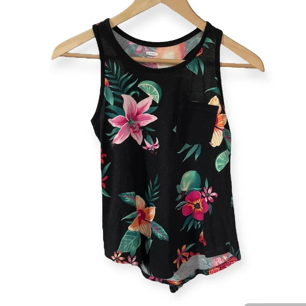 Girls L 10-12 Old Navy Bright Tropical Floral Black Sleeveless Softest Tank Top
